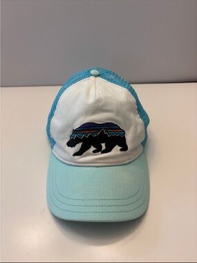 Patagonia Fitz Roy Bear Trucker hat in a light teal and white colorway